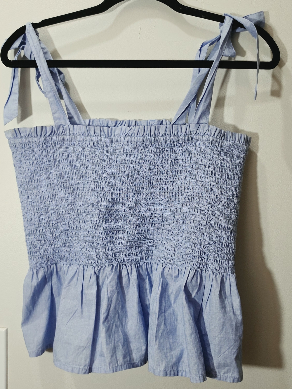 J. Crew Light Blue Strappy Smocked Peplum Cotton Top Blouse M Stretchy Nautical